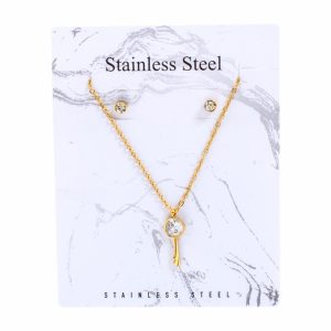 Juego De Bisutería De Collar Y Aretes Con Dije De Llave Con Piedrita STAINLESS STEEL X 3 Uds