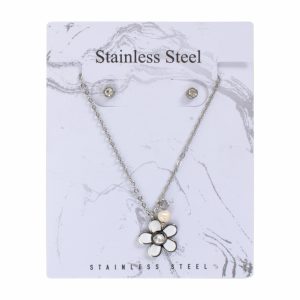 Juego De Bisutería De Collar Y Aretes Con Dije De Flor Con Pétalos Blancos STAINLESS STEEL X 3 Uds