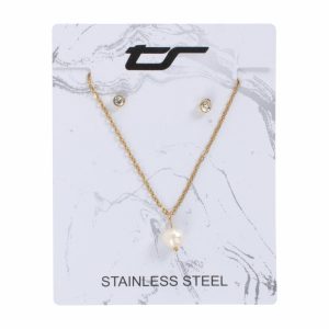 Juego De Bisutería De Collar Y Aretes Con Dije De Perla Blanca STAINLESS STEEL X 3 Uds