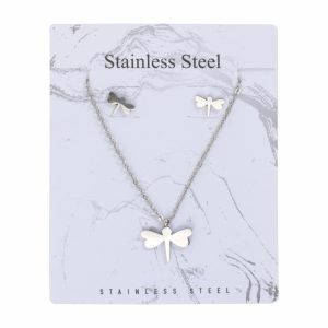Juego De Bisutería De Collar Y Aretes Con Dije De Libélula STAINLESS STEEL X 3 Uds