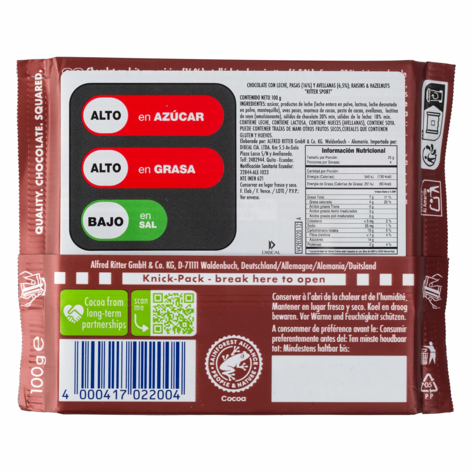 Chocolate Con Leche Avellanas Y Pasas RITTER SPORT Tableta - Image 3