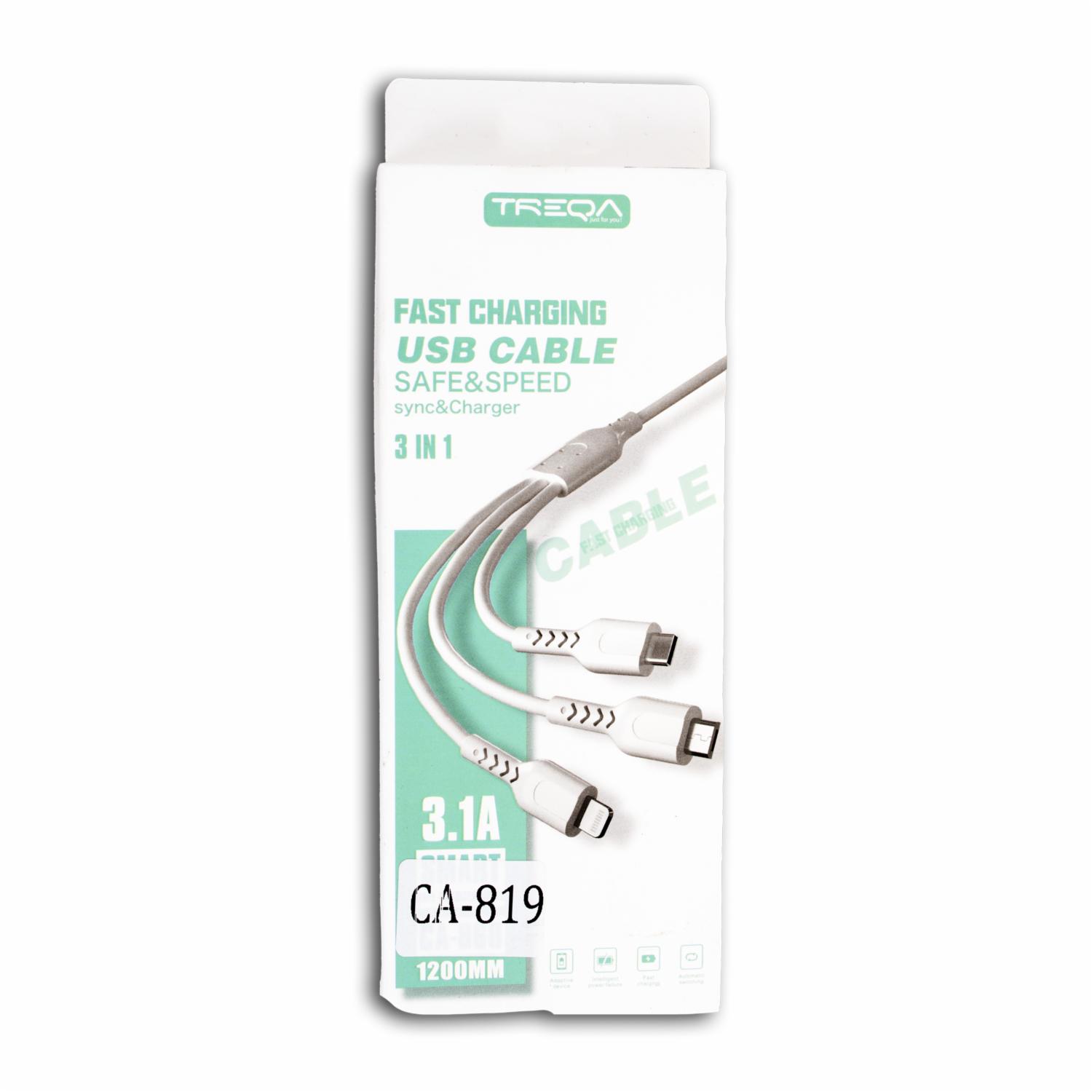 Cable Usb Plano 3 En 1 Ca-819 Blanco TREQA 120 Cm