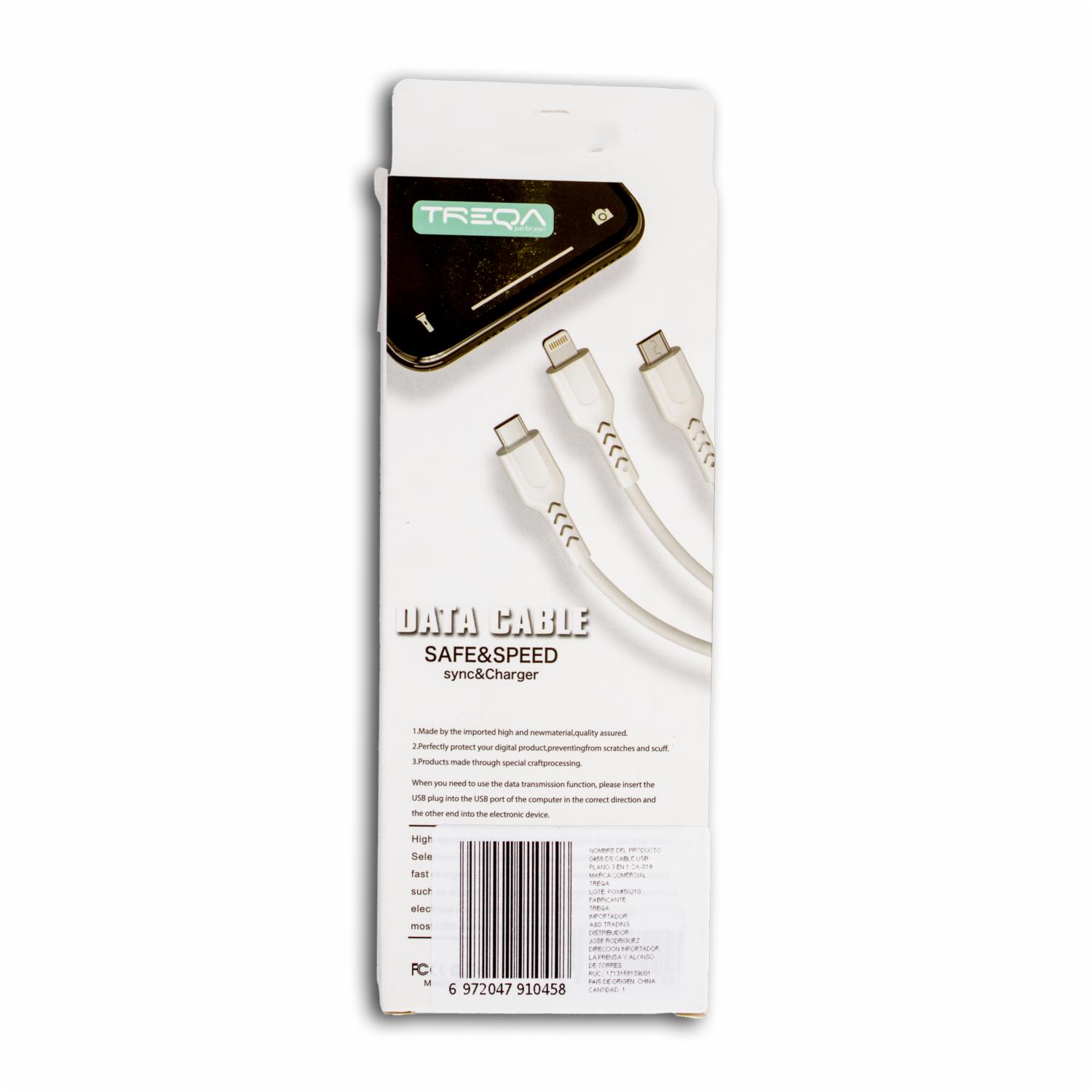 Cable Usb Plano 3 En 1 Ca-819 Blanco TREQA 120 Cm - Image 2