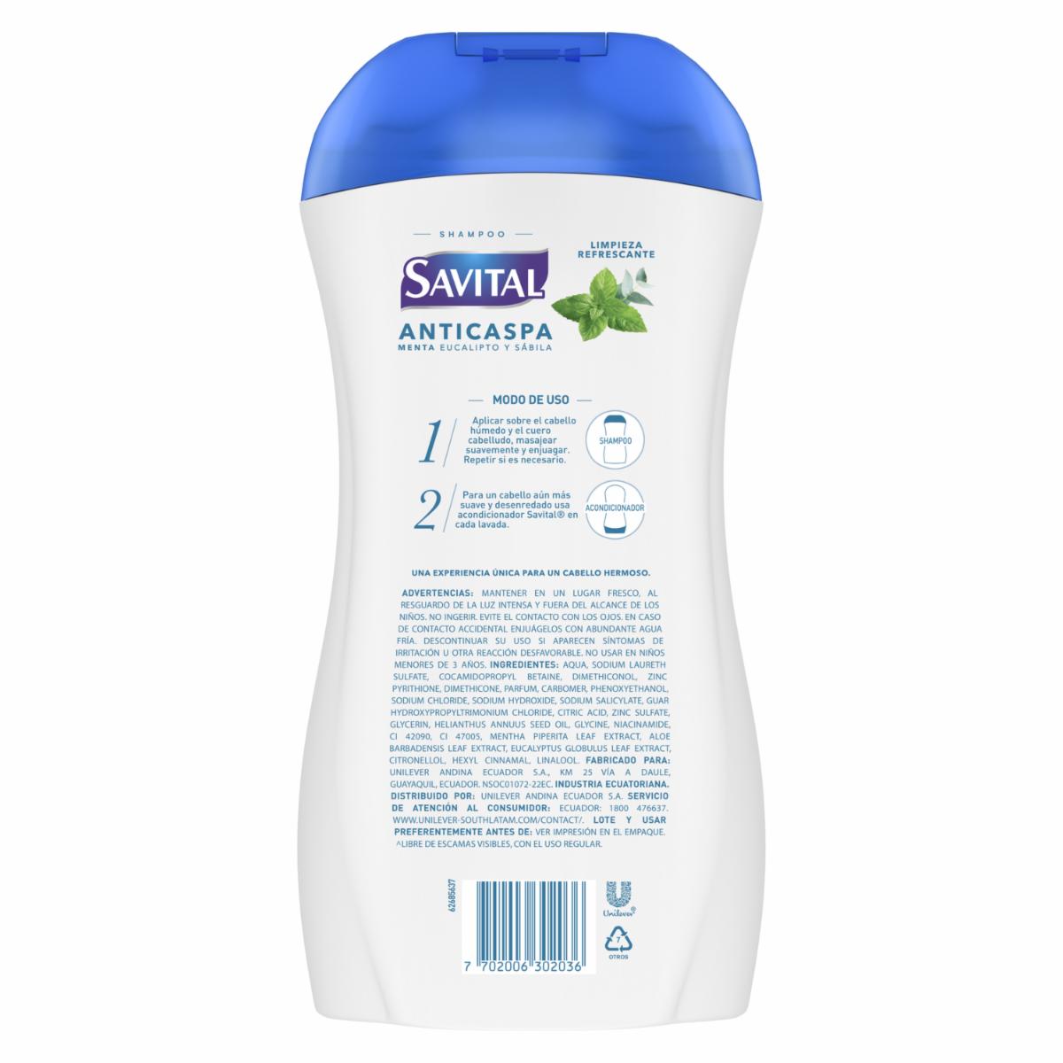 Shampoo De Cabello Anticaspa Menta Y Eucalipto SAVITAL 510 Ml - Image 2