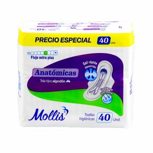 Toalla Higiénica Anatómica Tela Tipo Algodón Flujo Extra Plus MOLLIS X 40 Uds