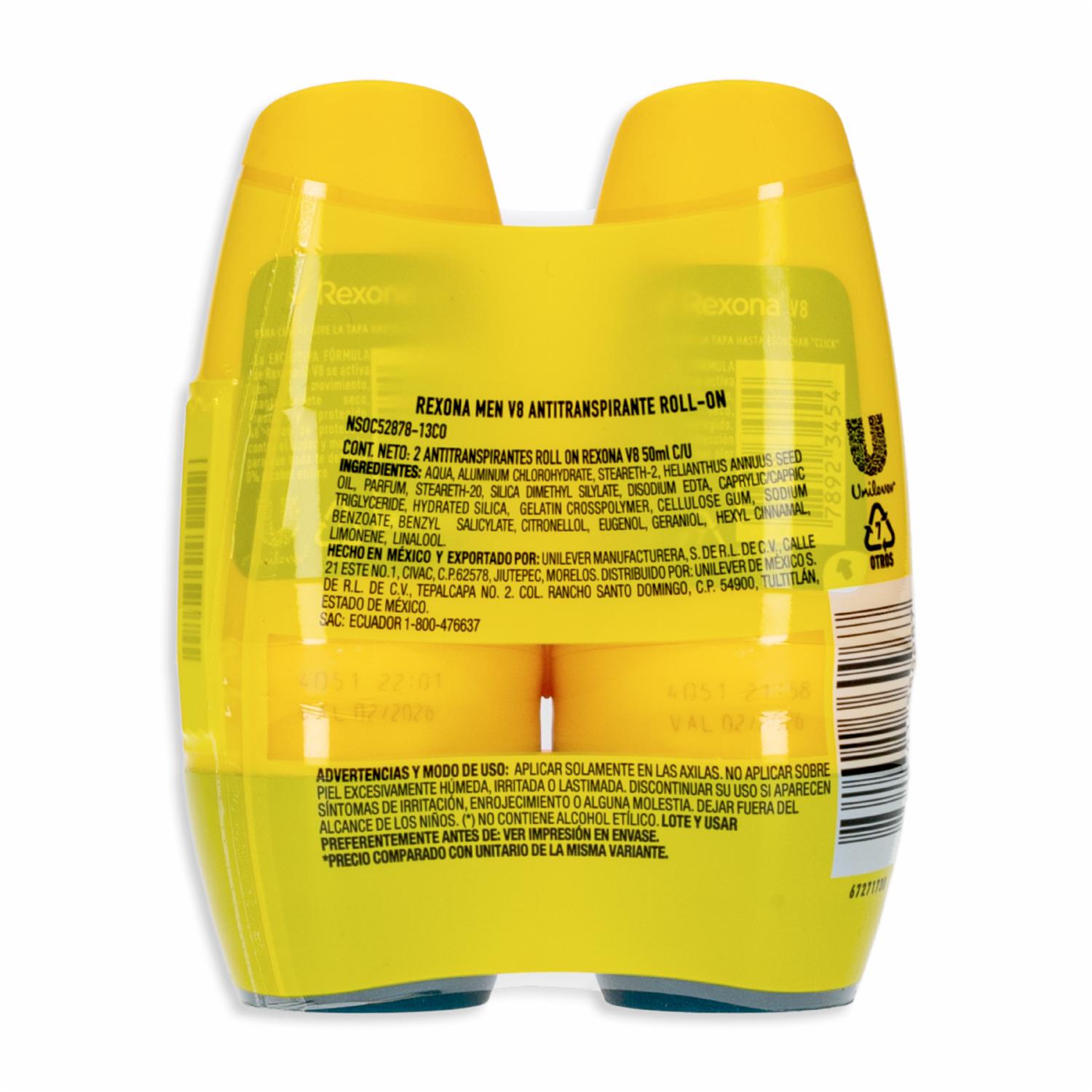 Desodorante En Roll On Para Caballero Antitranspirante On V8 REXONA 2 X 50 Ml - Image 2