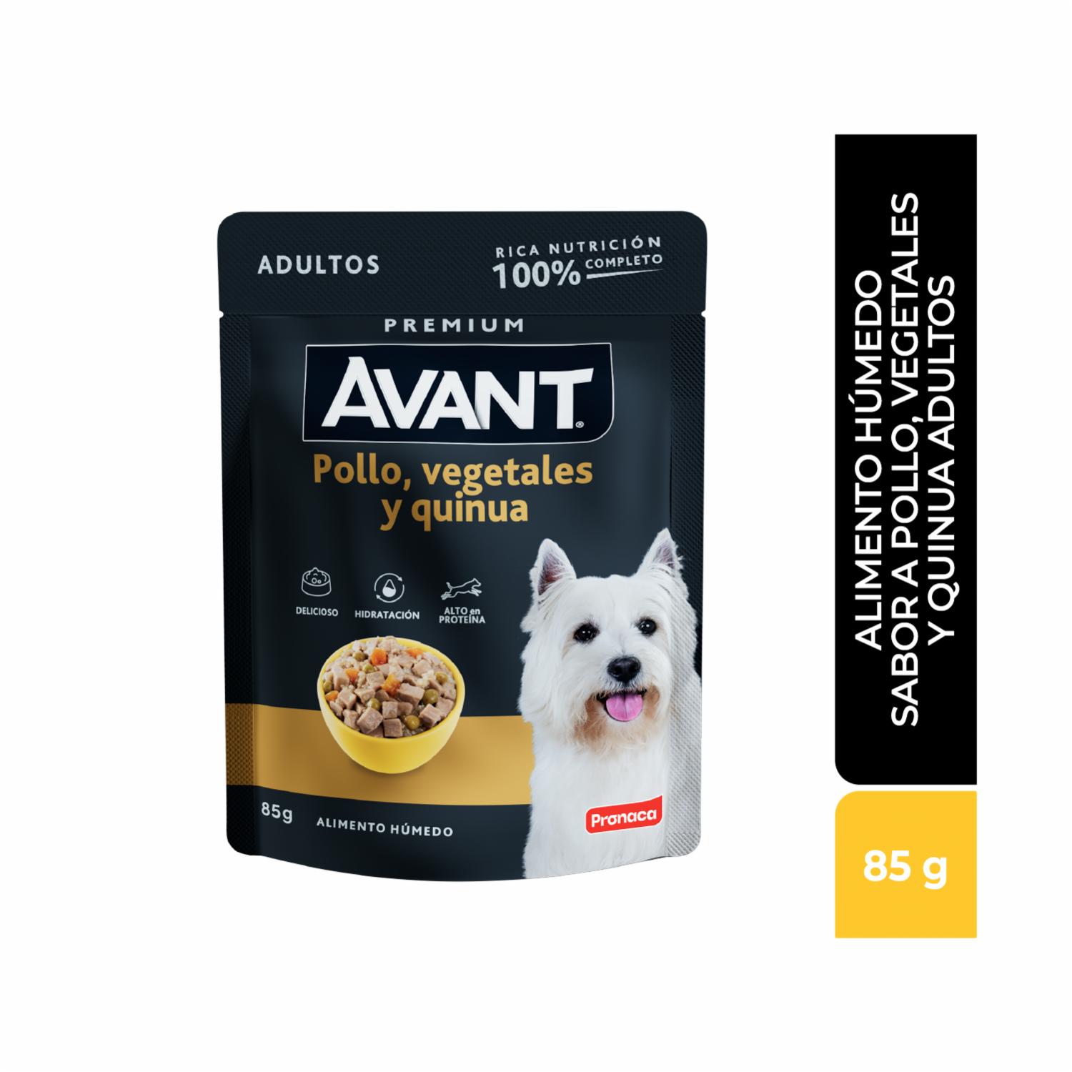 Alimento Húmedo Para Perros Adultos Sabor A Pollo Vegetales Y Quinua En Pouch AVANT 85 G