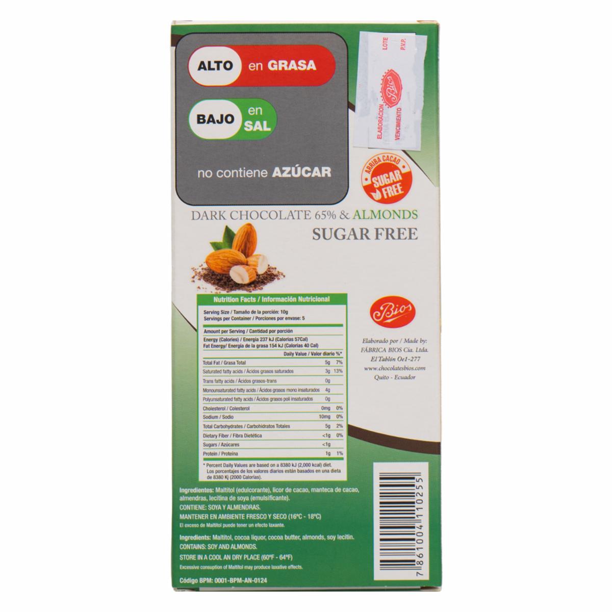 Chocolate Almendras Sin Azúcar BIOS 50 G - Image 3