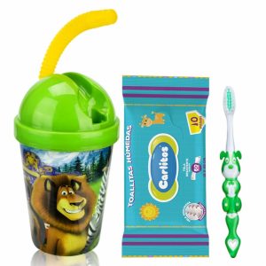 Combo Escolar Vaso Sorbete + Toallitas 10 Uds + Cepillo Dientes CARLITOS