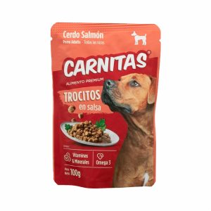 Snack Para Perros Adultos Todas Las Razas Trocitos En Salsa Cerdo Y Salmón CARNITAS 100 G