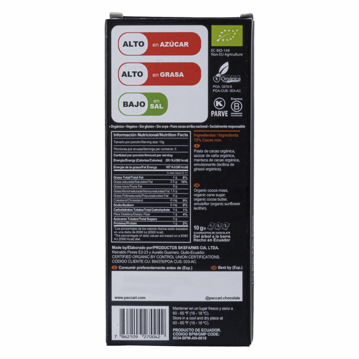 Chocolate Orgánico Los Rios 0,72 Sin Leche PACCARI Tableta - Image 3