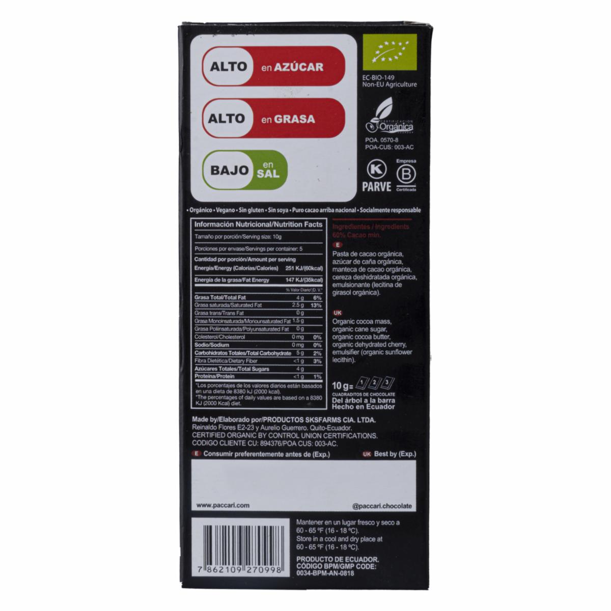 Chocolate Orgánico De Cereza PACCARI 50 G - Image 3