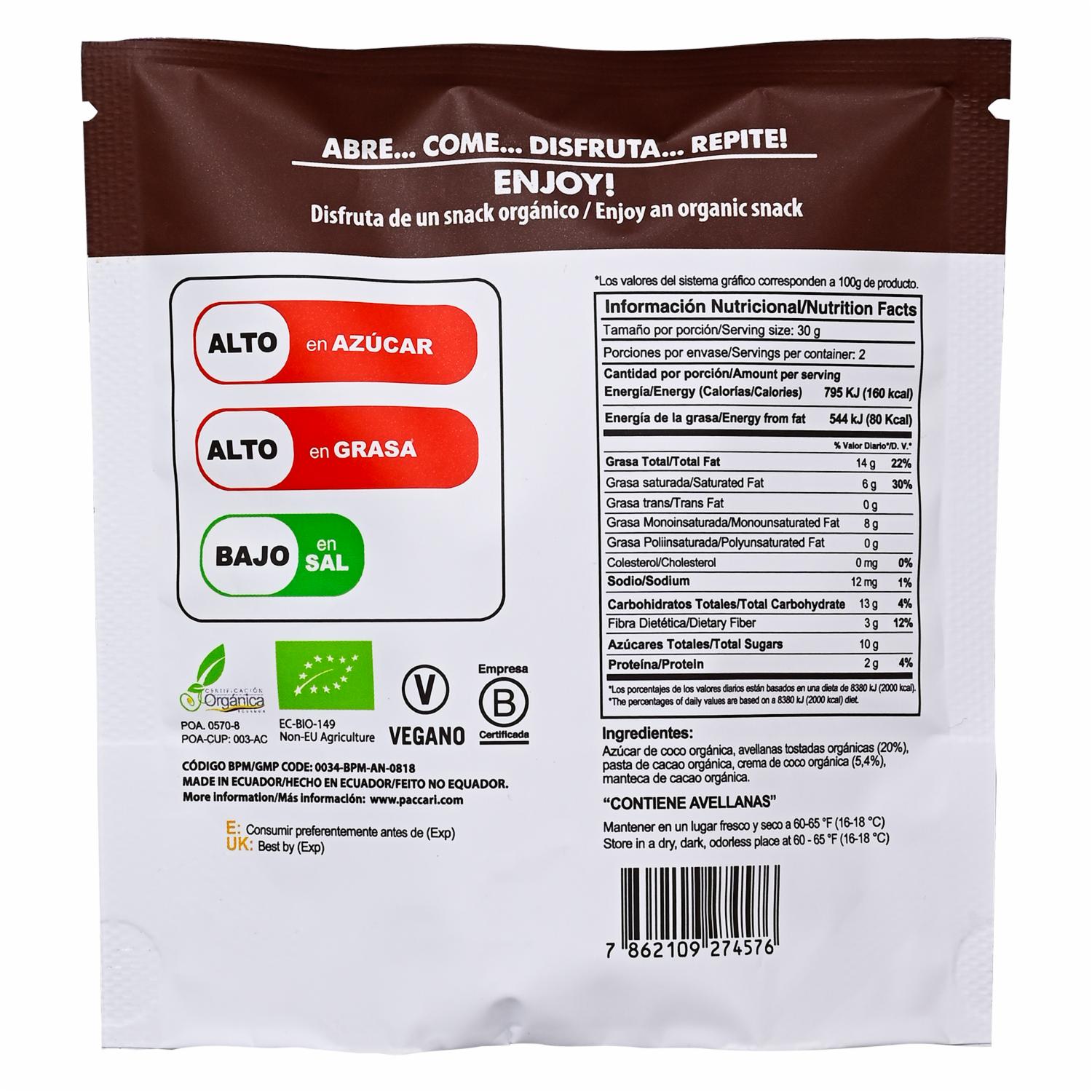 Avellanas Cubiertas De Chocolate Con Crema De Coco PACCARI 60 G - Image 3