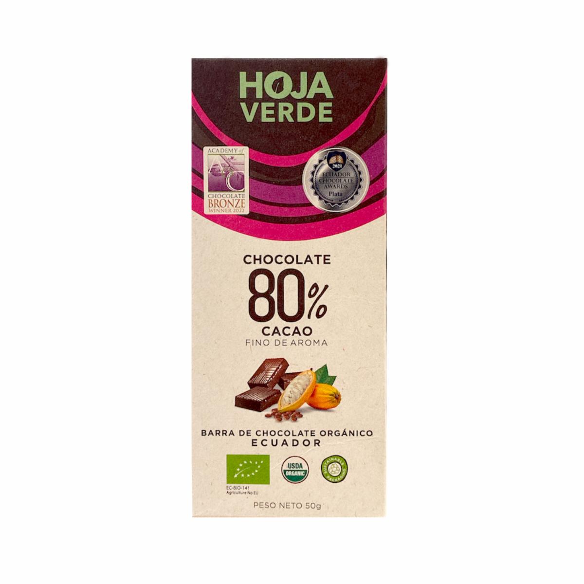 Barra De Chocolate Orgánico 80% Cacao Fino De Aroma HOJA VERDE 50 G