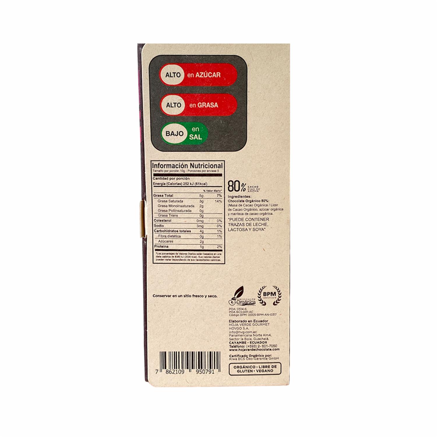Barra De Chocolate Orgánico 80% Cacao Fino De Aroma HOJA VERDE 50 G - Image 3