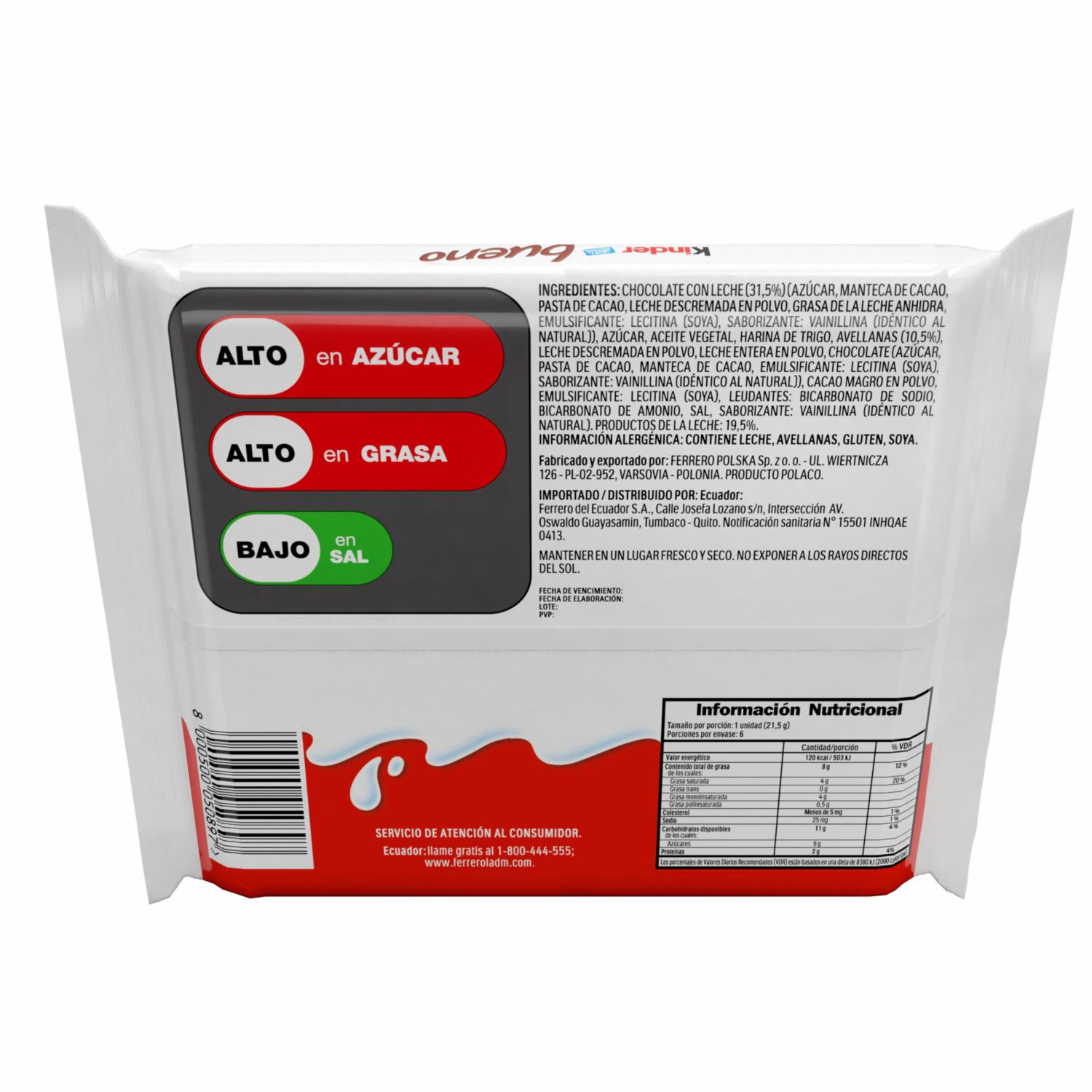 Waffer De Chocolate Con Relleno De Leche Y Avellanas KINDER BUENO 3 X 43 G - Image 3