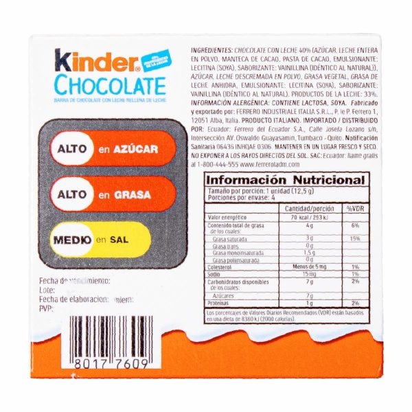 Barra De Chocolate 33% Ingredientes De La Leche KINDER 50 G - Image 3