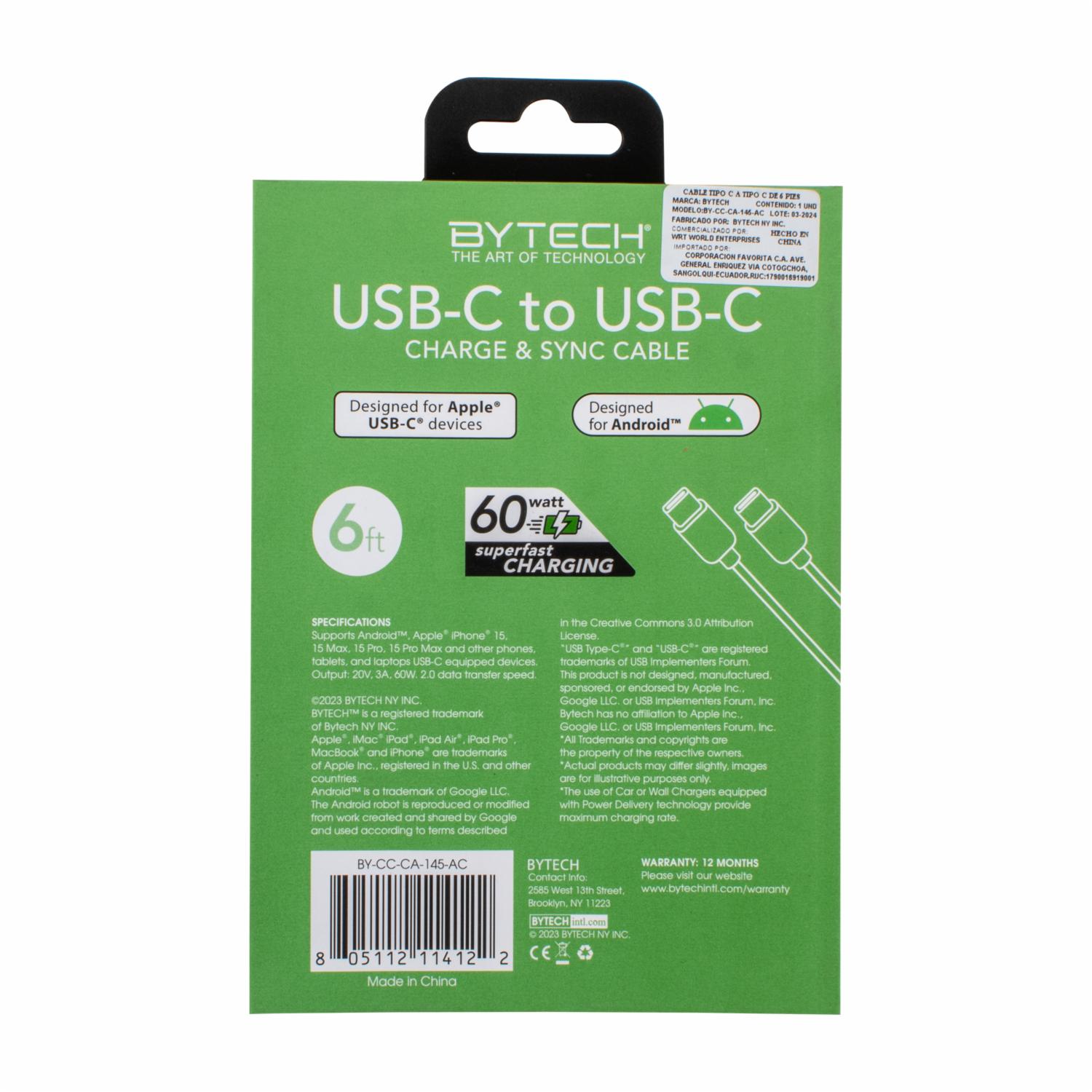 Cable Cargador USB-C Hacia USB-C BYTECH 1.82 M - Image 2