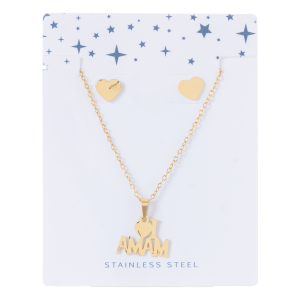 Juego De Bisutería Cadena Y Aretes Acero Inoxidable Diseño I Love Mamá Dorado TECNO STEEL 3 Piezas