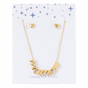 Juego De Bisutería Cadena Y Aretes Acero Inoxidable Diseño Mamá Dorado TECNO STEEL 3 Piezas