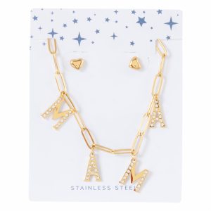 Juego De Bisutería Cadena Y Aretes Acero Inoxidable Diseño Mamá Con Brillo Dorado TECNO STEEL 3 Piezas