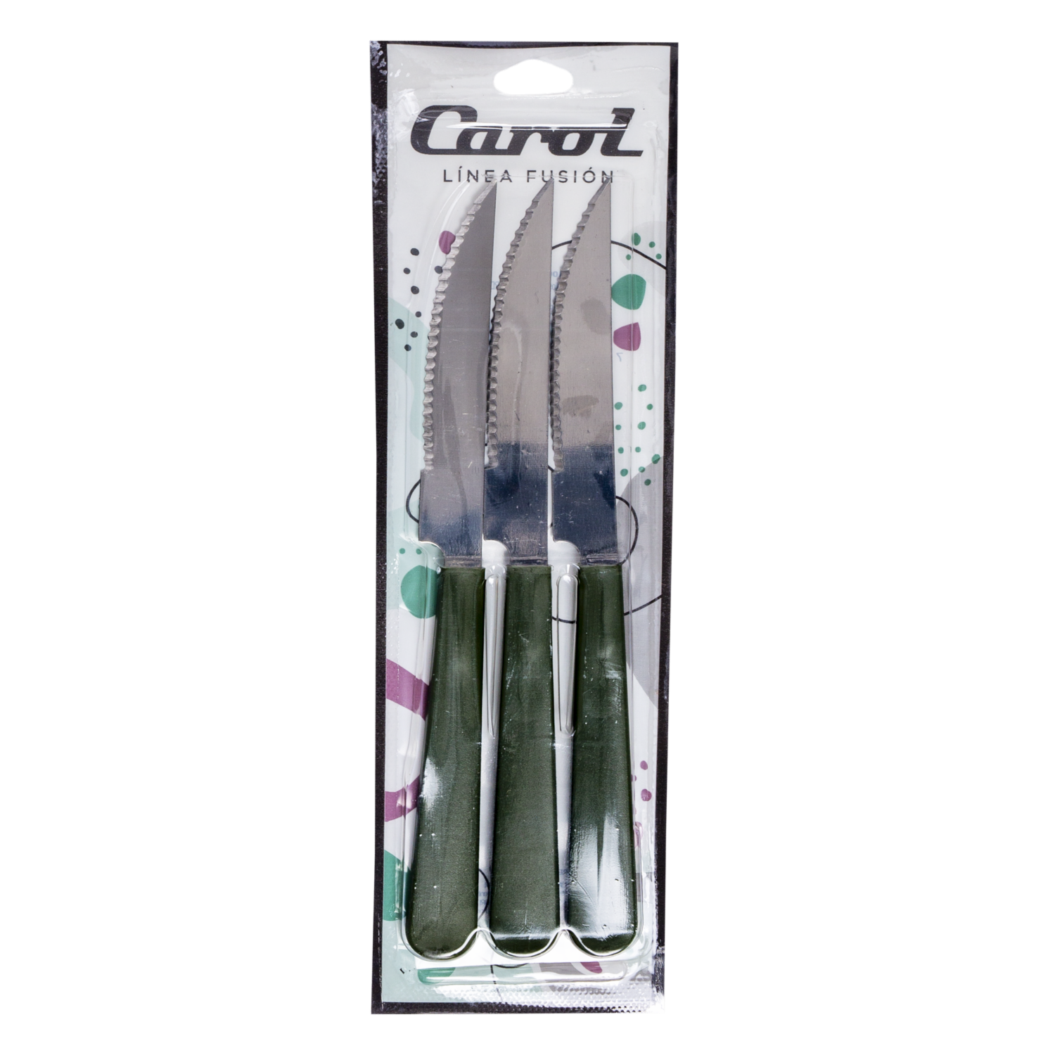 Set De Cuchillos De Mesa Mango Verde Militar CAROL X 3 Piezas