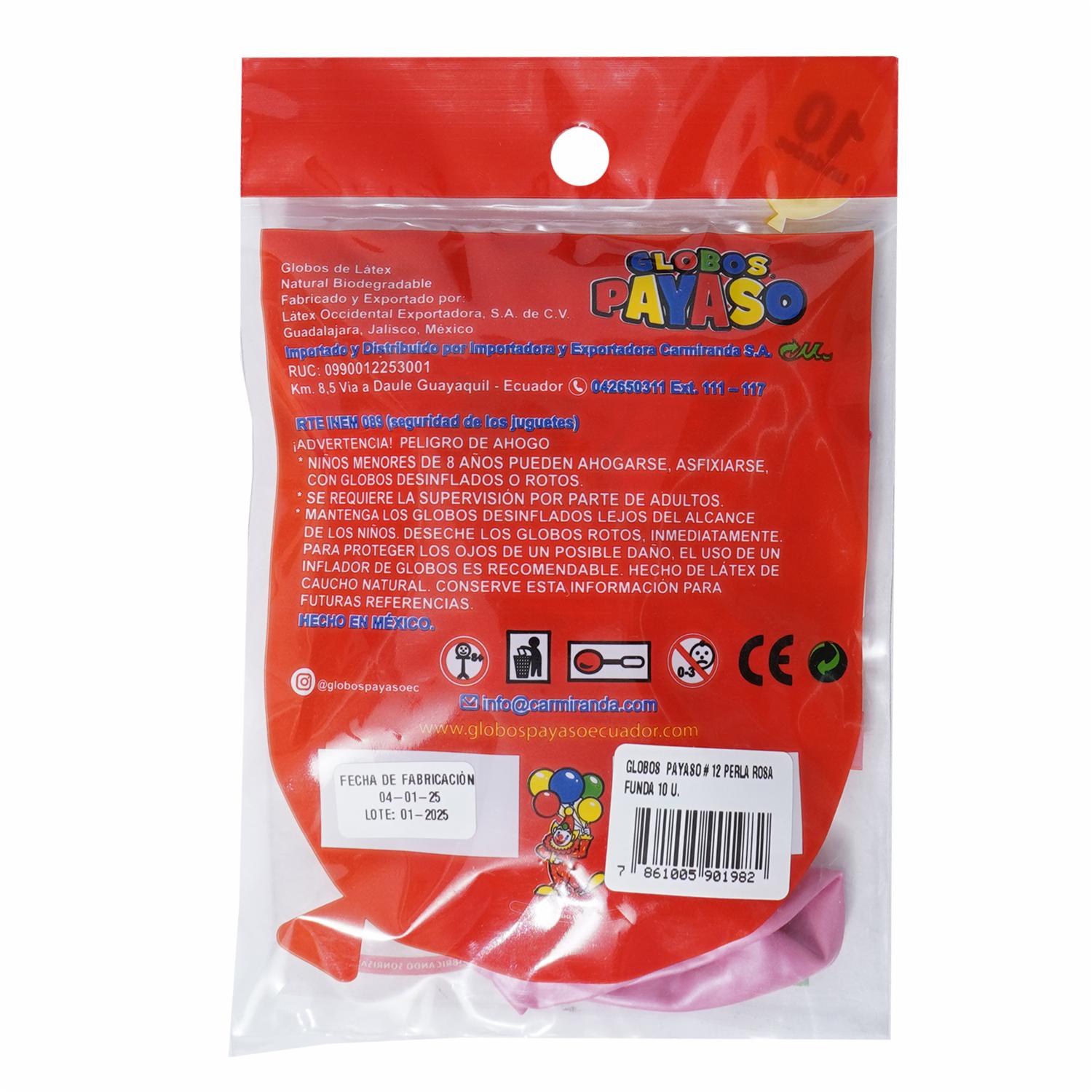 Globo N12 Perla Rosa Funda GLOBOS PAYASO X 10 Unidades - Image 2