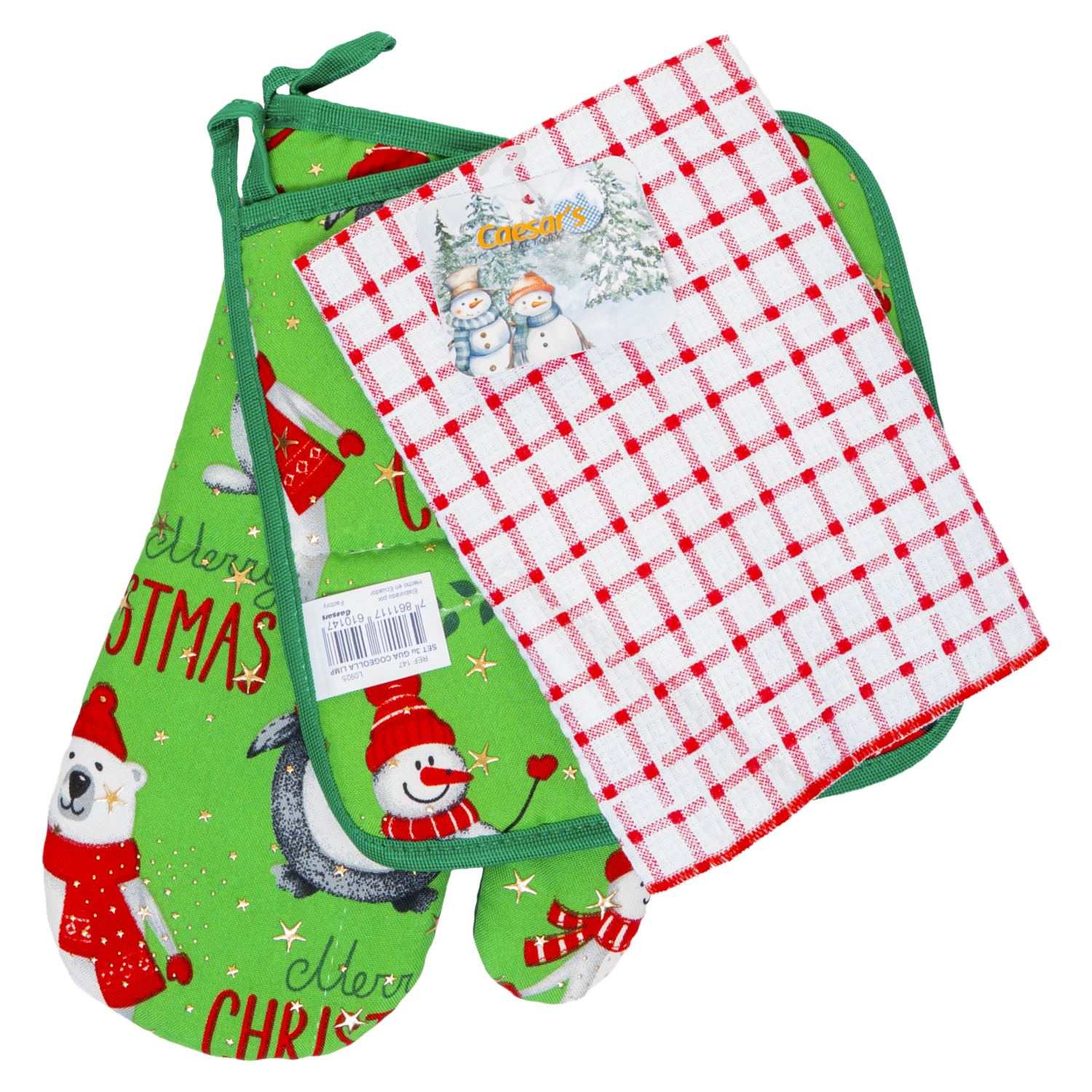 Set De Cocina Guante + Coge Olla + Limpión Navideño CAESAR'S FACTORY 3 Piezas