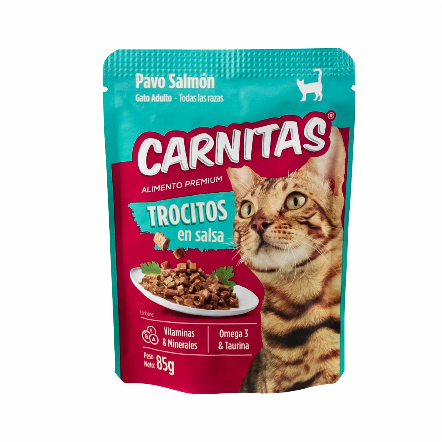 Snack Para Gatos Adultos Todas Las Razas Trocitos En Salsa Pavo Salmón CARNITAS 85 G