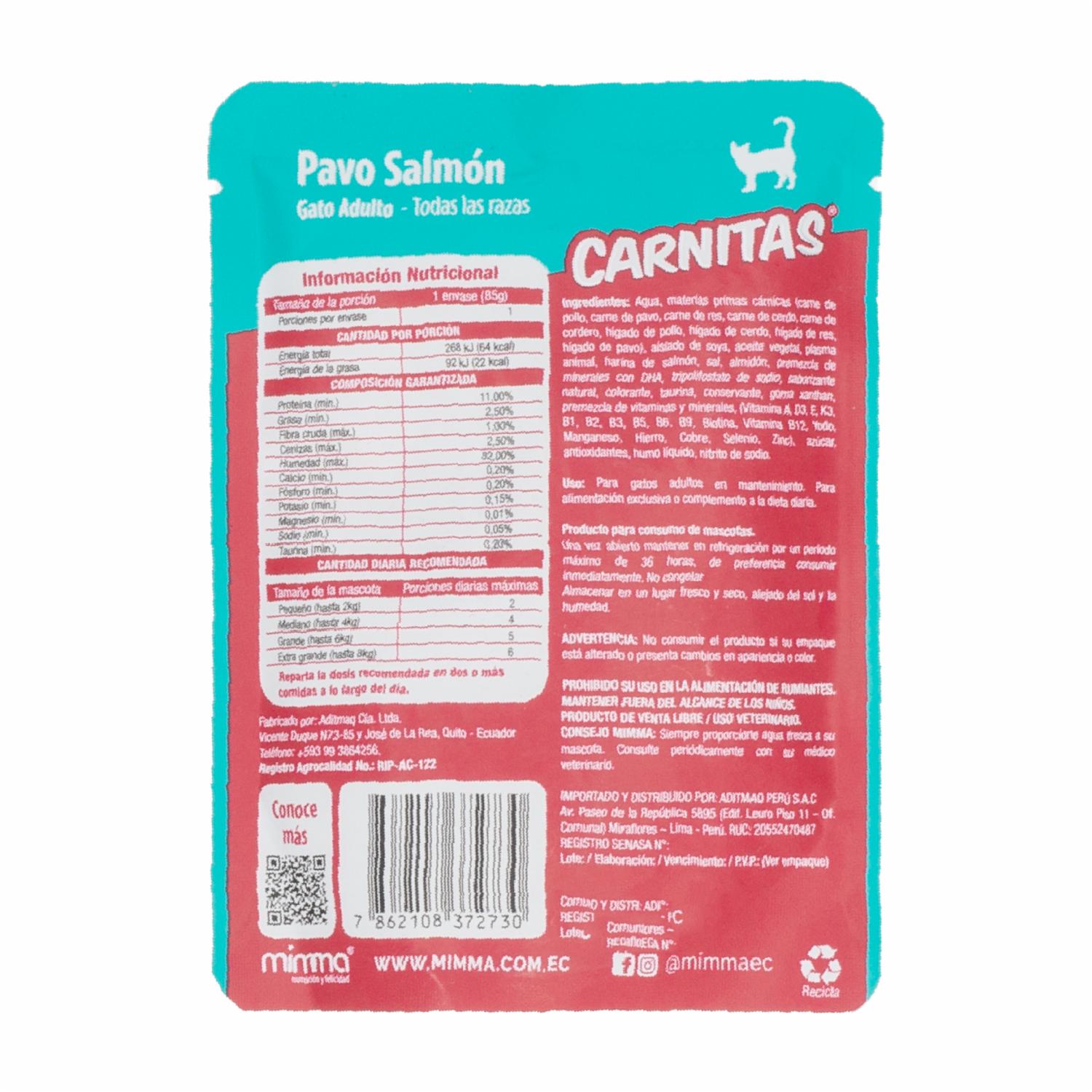 Snack Para Gatos Adultos Todas Las Razas Trocitos En Salsa Pavo Salmón CARNITAS 85 G - Image 2