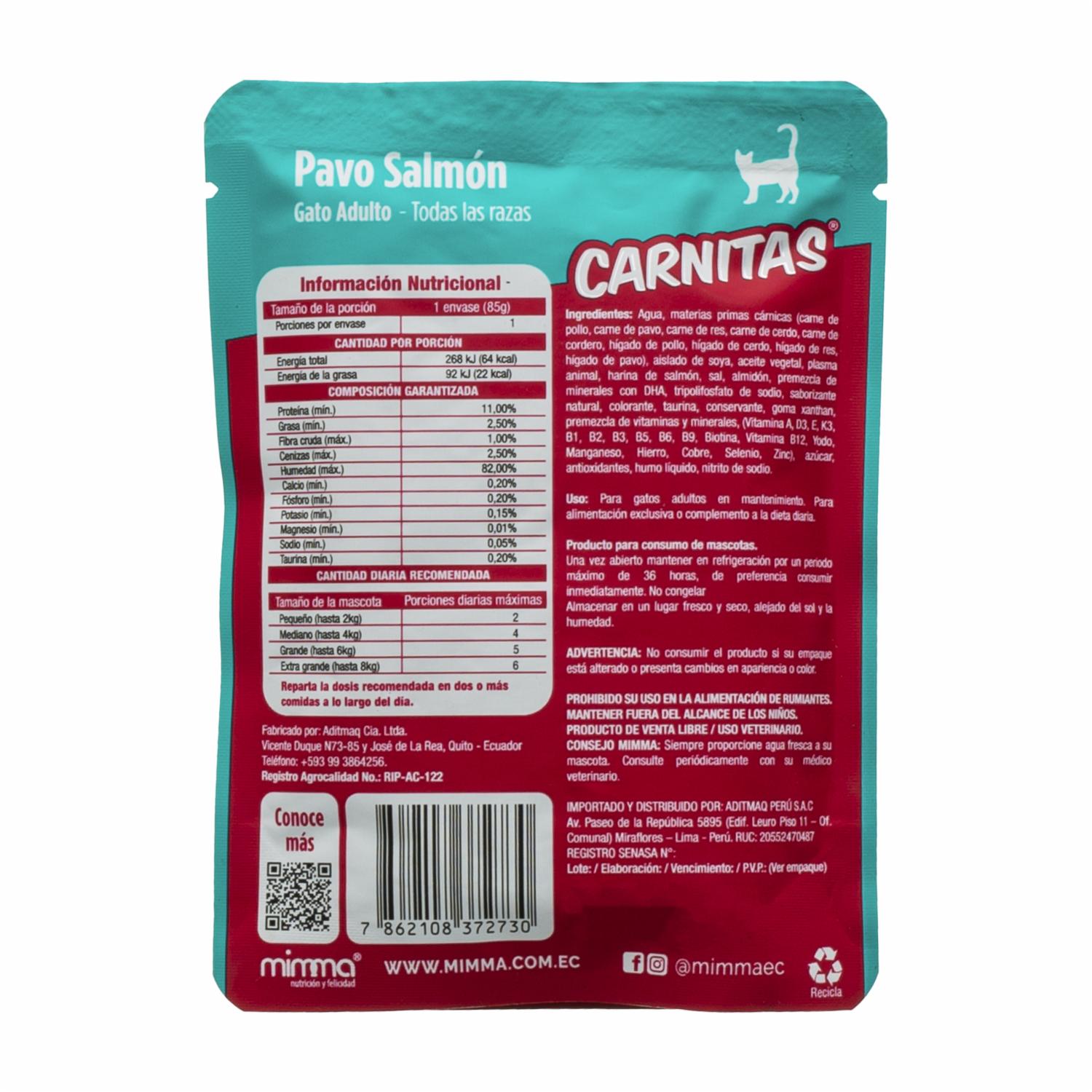 Snack Para Gatos Adultos Todas Las Razas Trocitos En Salsa Pavo Salmón CARNITAS 85 G - Image 3