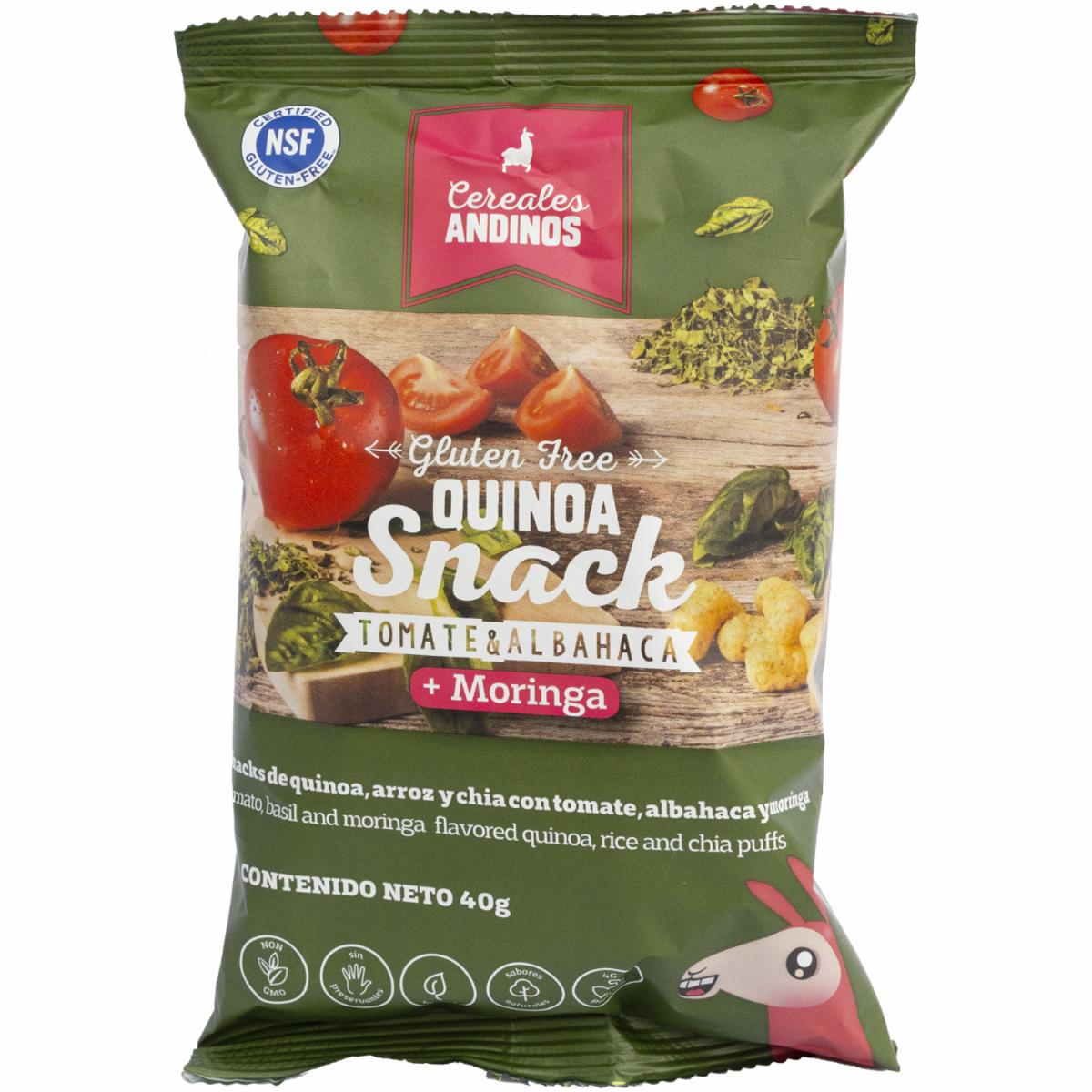 Quinoa Snack Tomate & Albahaca Con Arroz, Chía + Moringa Libre De Gluten CEREALES ANDINOS 40 G
