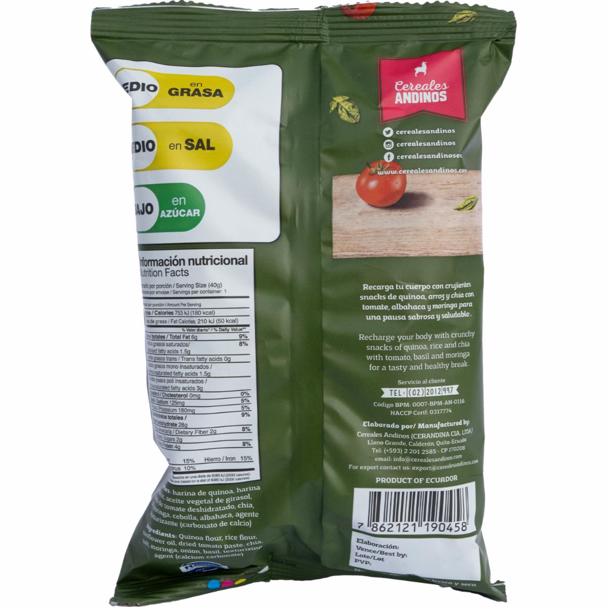 Quinoa Snack Tomate & Albahaca Con Arroz, Chía + Moringa Libre De Gluten CEREALES ANDINOS 40 G - Image 3