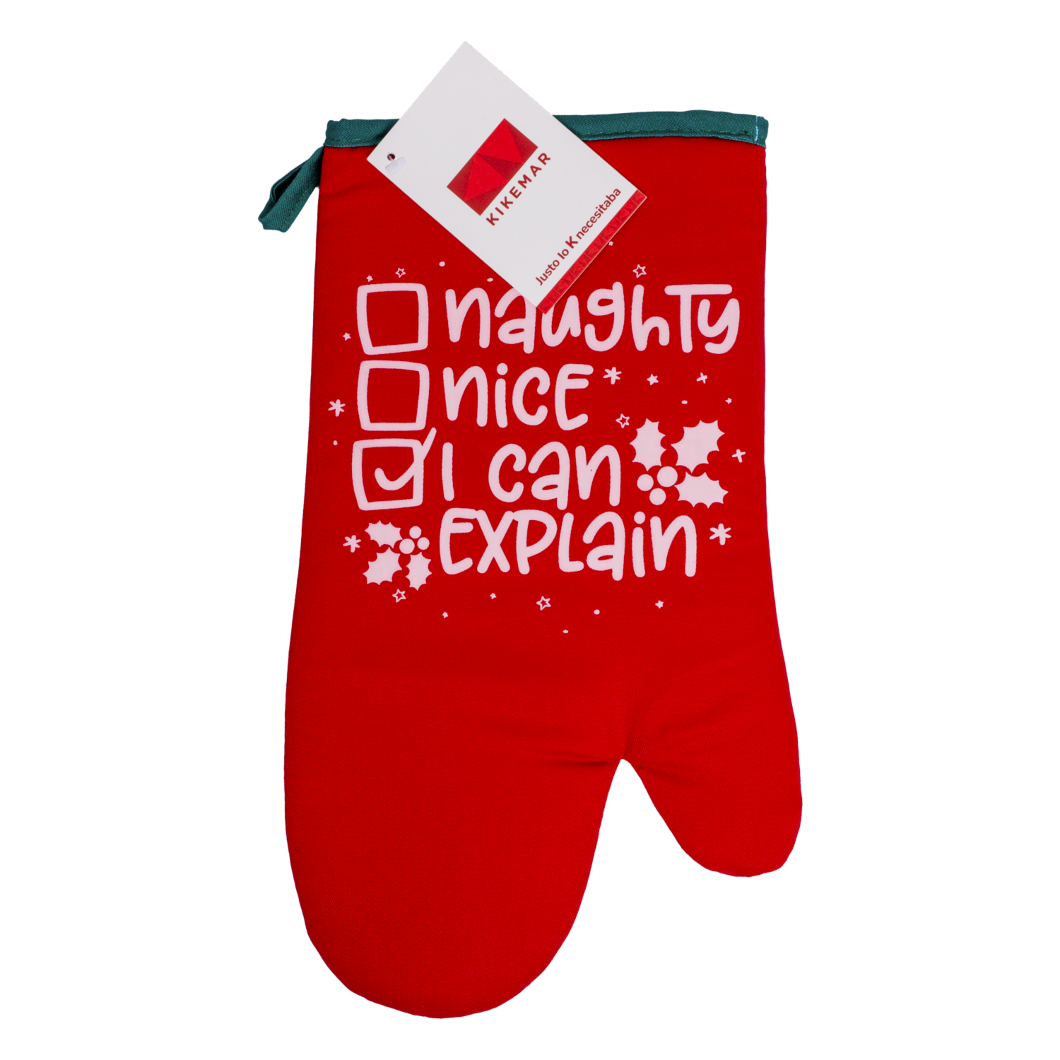 Guante De Cocina Navideño Diseño Naughty Nice I Can Explain Rojo KIKEMAR 1 Pieza