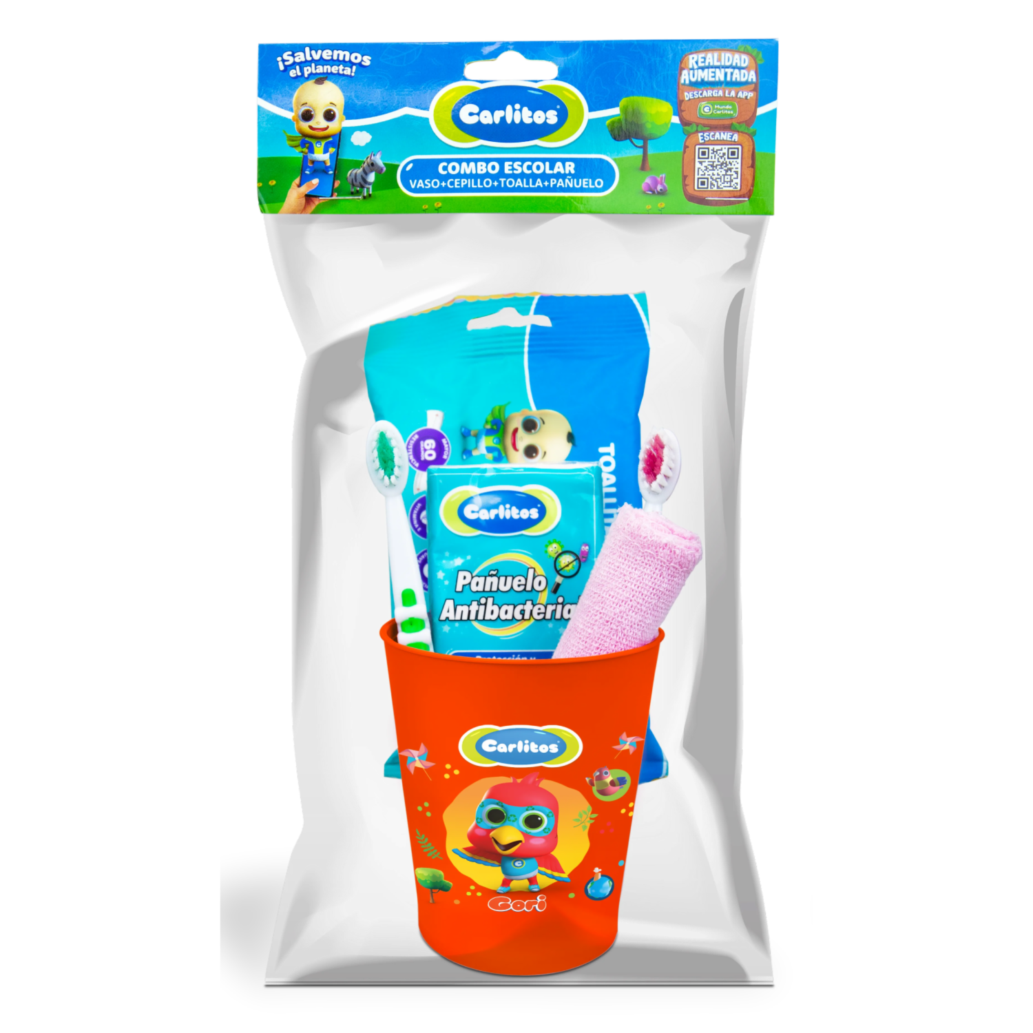 Combo Escolar Vaso + Cepillo De Dientes + Toallita + Pañitos CARLITOS X 4 Uds